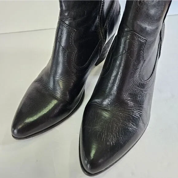 Frye Renee Seam Short Leather Stacked Heel Pointed Toe Boot Bootie In Black 9 - Picture 4 of 16